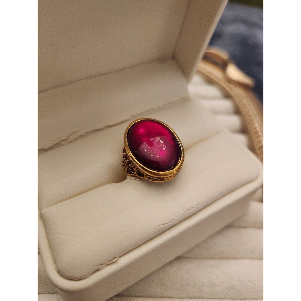 Adjustable 1970's Old New Stock Red Cabachon Gold Toned Ring Signed With Patent